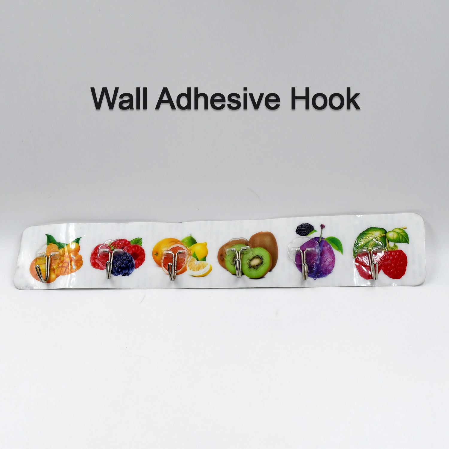 Set of six transparent Wukusy adhesive wall hooks on a white surface, suitable for home and office organization.