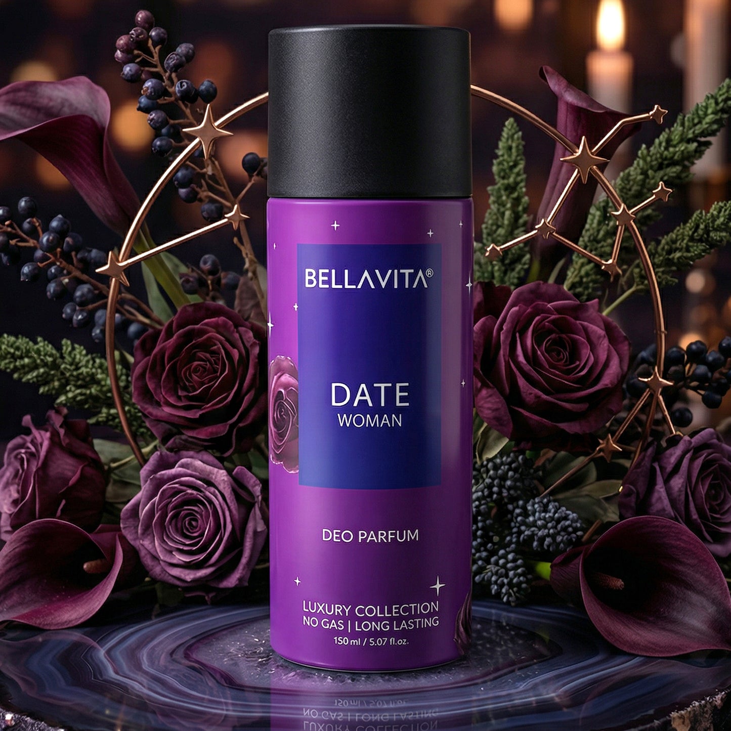 Wukusy Bellavita Date Woman Deo Perfume Body Spray 150ml bottle with elegant design and floral accents