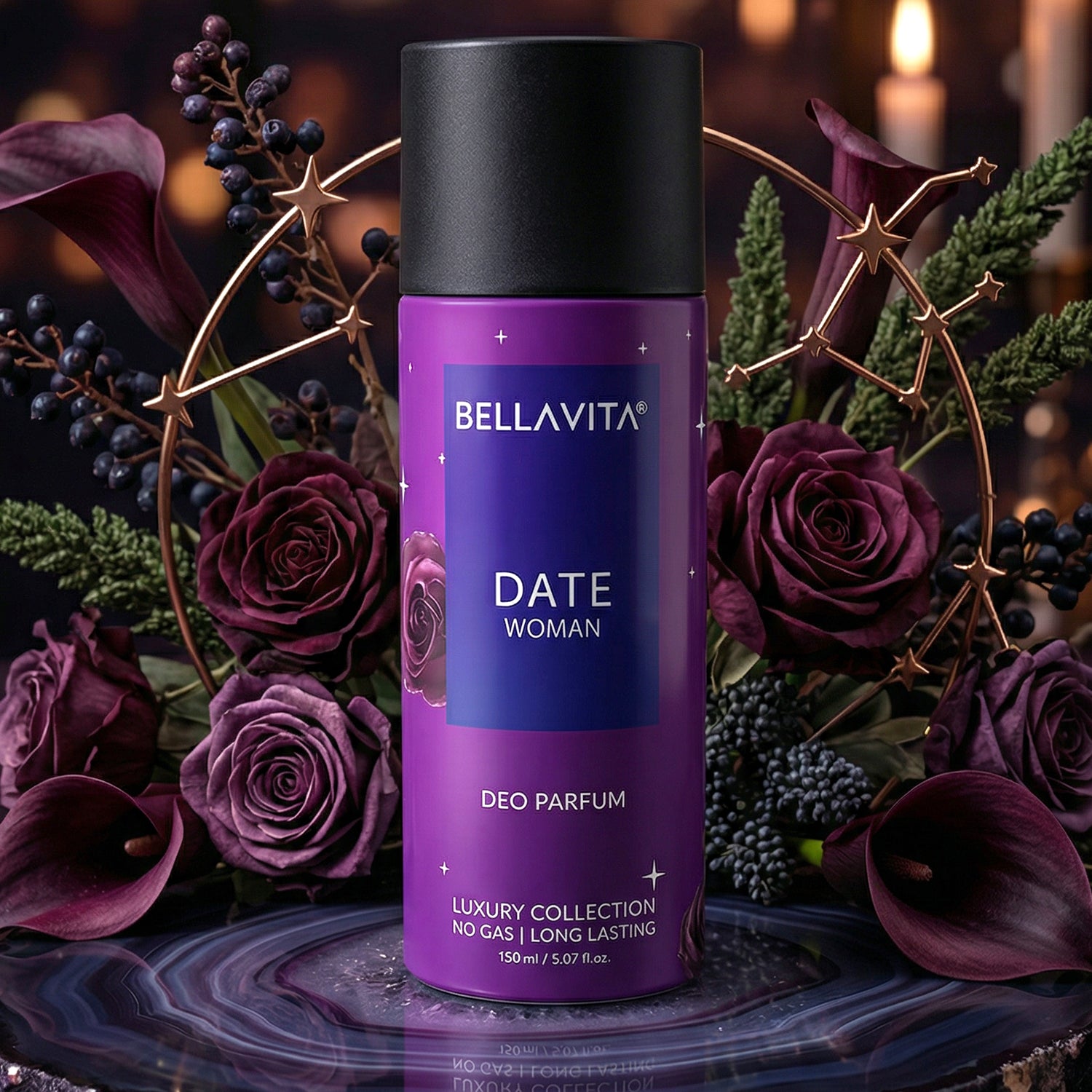 Wukusy Bellavita Date Woman Deo Perfume Body Spray 150ml bottle with elegant design and floral accents