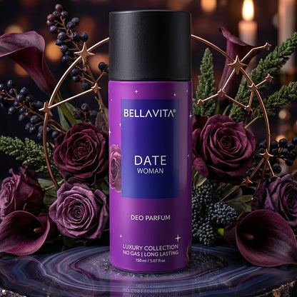 Wukusy Bellavita Date Woman Deo Perfume Body Spray 150ml bottle with elegant design and floral accents
