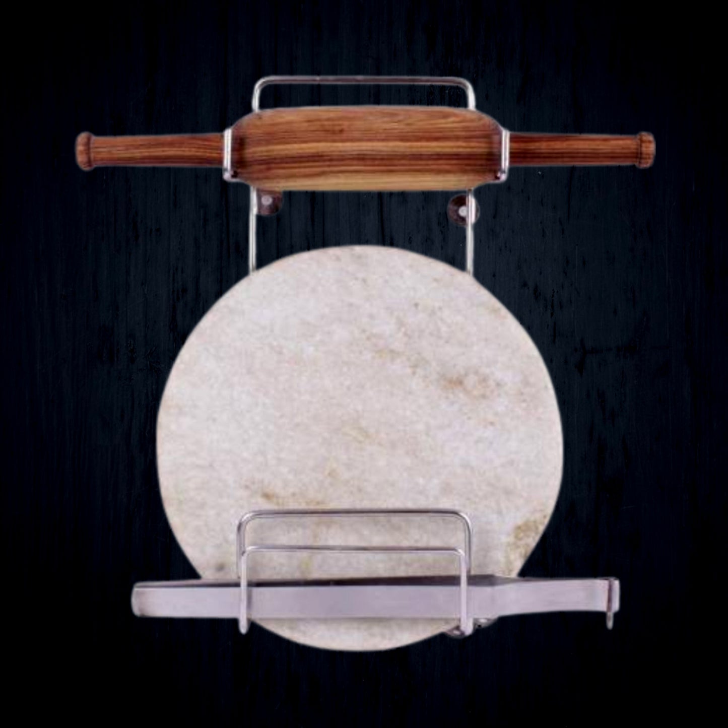 Wukusy stainless steel Chakla Belan Chimta stand with rolling pin, tong holder, and multi-purpose kitchen rack in silver.