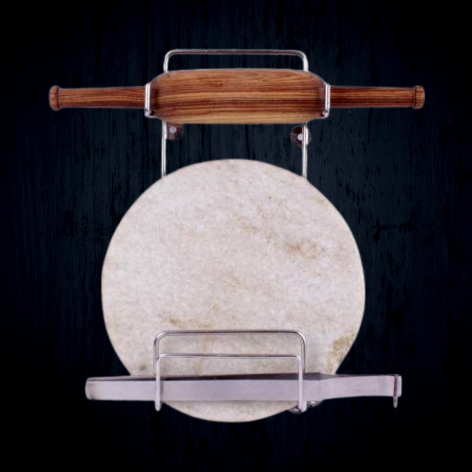 Wukusy stainless steel Chakla Belan Chimta stand with rolling pin, tong holder, and multi-purpose kitchen rack in silver.