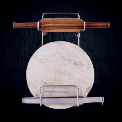 Wukusy stainless steel Chakla Belan Chimta stand with rolling pin, tong holder, and multi-purpose kitchen rack in silver.