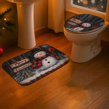 Christmas-themed 3-in-1 bathroom mat set by Wukusy featuring festive holiday designs and soft, absorbent fabric for home decor.