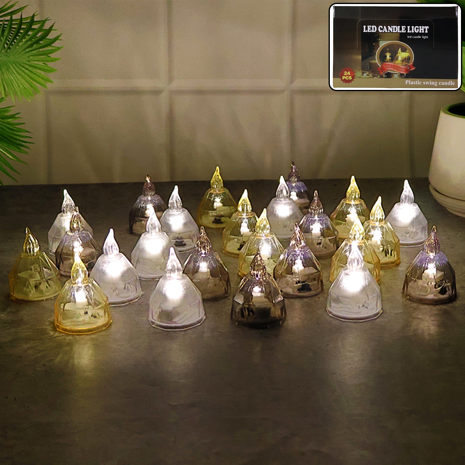 Wukusy 24-piece LED flameless tealight candle set for home decor, featuring warm glowing candles in a decorative arrangement.