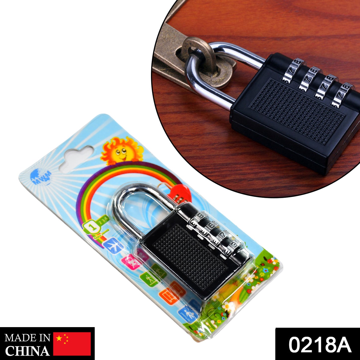 Wukusy 0218a security pad lock with 4-digit combination, shown in close-up with black body and numeric dial.