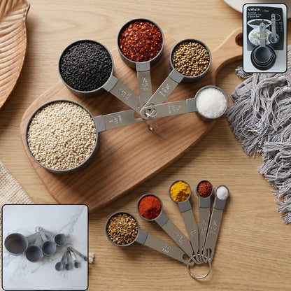 Wukusy plastic measuring cups and spoons set for kitchen baking and cooking, with various sizes for precise ingredient measurement.
