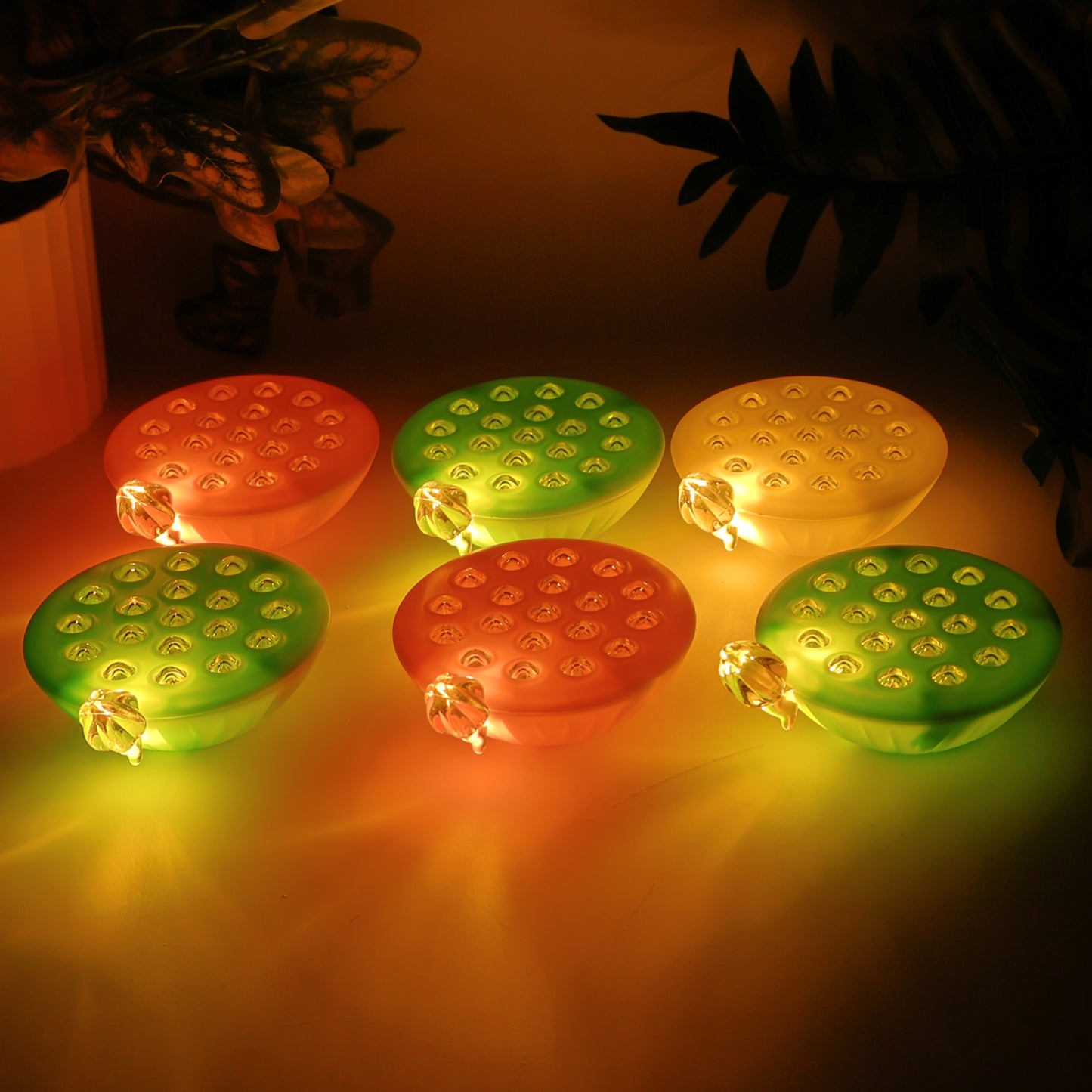 Set of 6 Wukusy Lotus Canopy LED decorative lamps for home decor, featuring intricate floral designs and warm lighting.