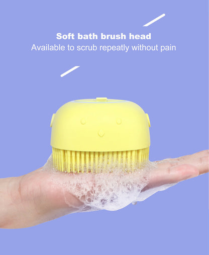 Wukusy silicone massage bath body brush with soft bristles and built-in shampoo dispenser for cleansing and skin massage.