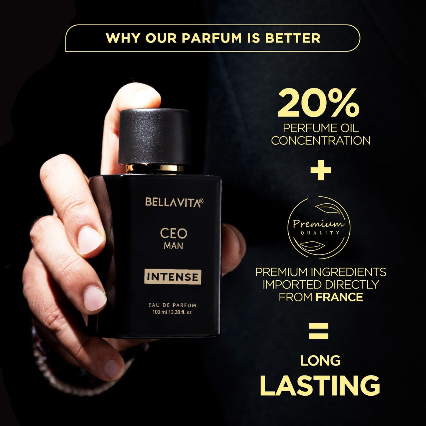 Bellavita Premium CEO Man Intense Eau De Perfume bottle by Wukusy, 100ml, featuring sleek design and elegant packaging.