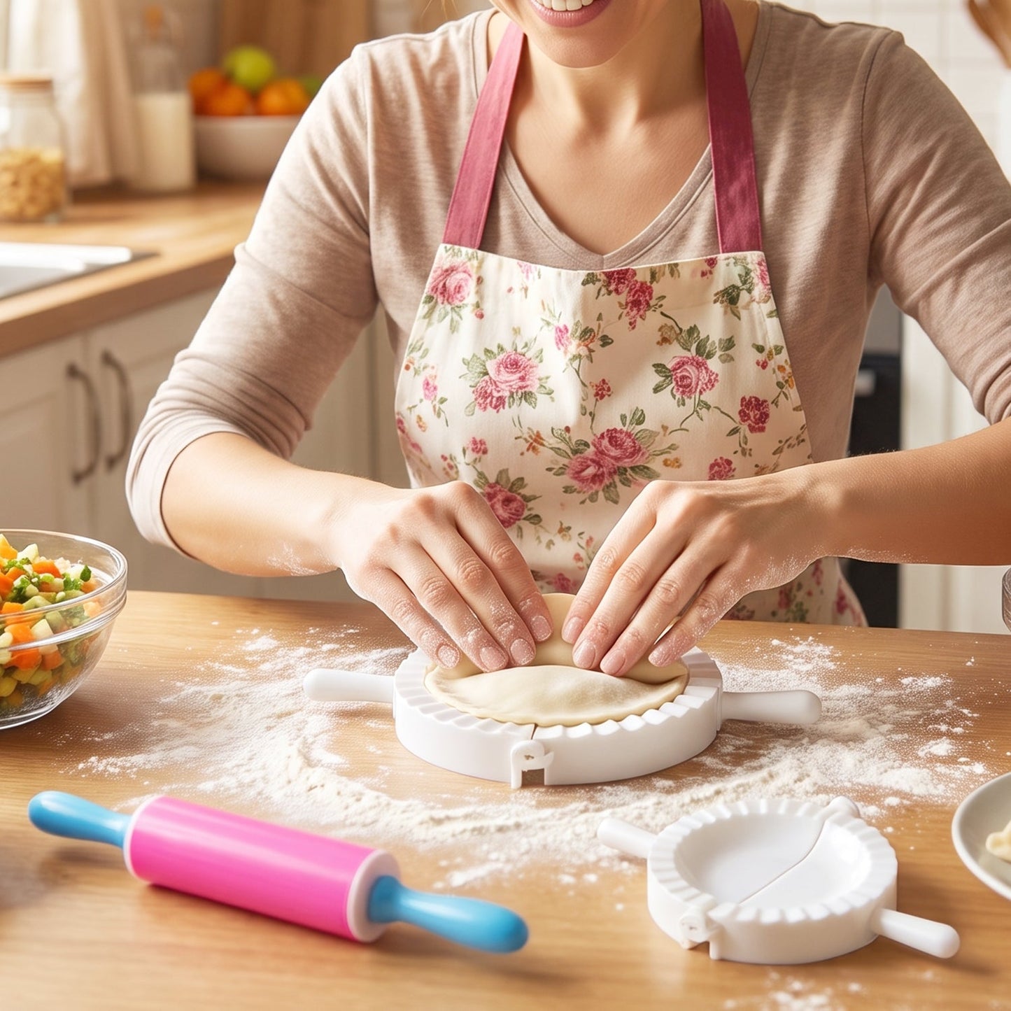 Wukusy dumpling maker mould set with mini rolling pin for making momo and gujiya, featuring detailed moulds and compact design