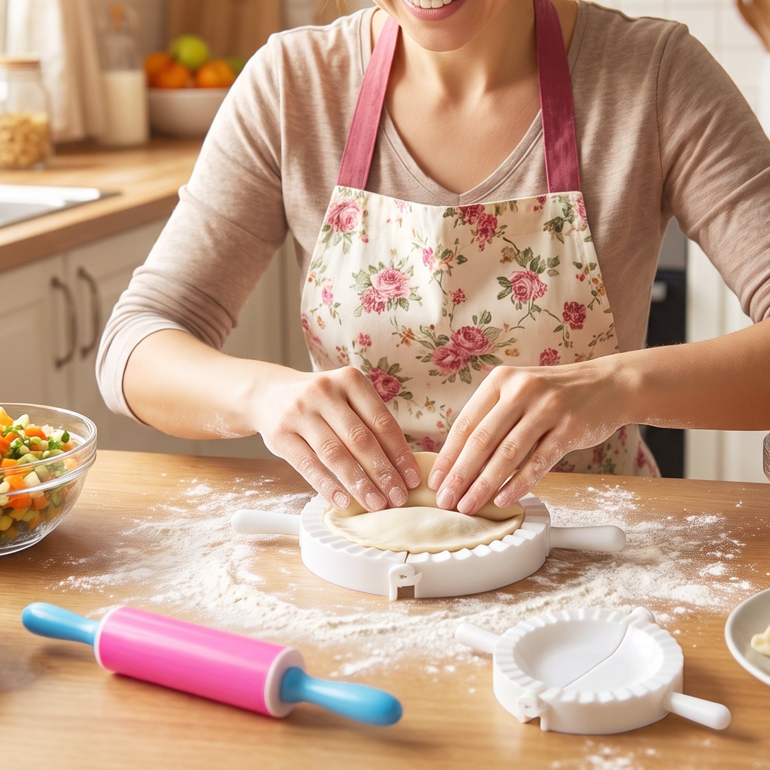 Wukusy dumpling maker mould set with mini rolling pin for making momo and gujiya, featuring detailed moulds and compact design