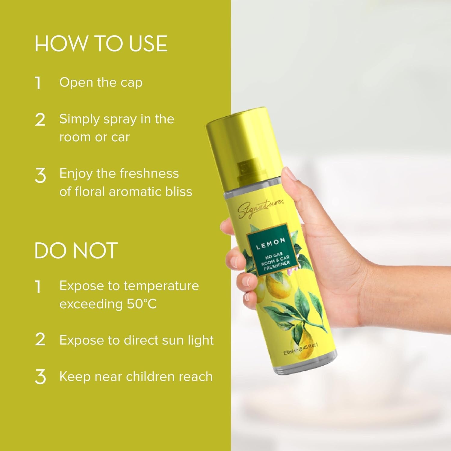 Wukusy Signature Lemon Room Car Freshener Spray 250ml bottle with lemon scent and spray nozzle, designed for car interior freshness.