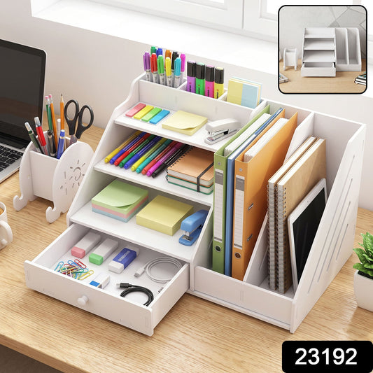 Wukusy multifunctional desk organizer storage cabinet with drawer and file rack, showing compartments and organized workspace setup.