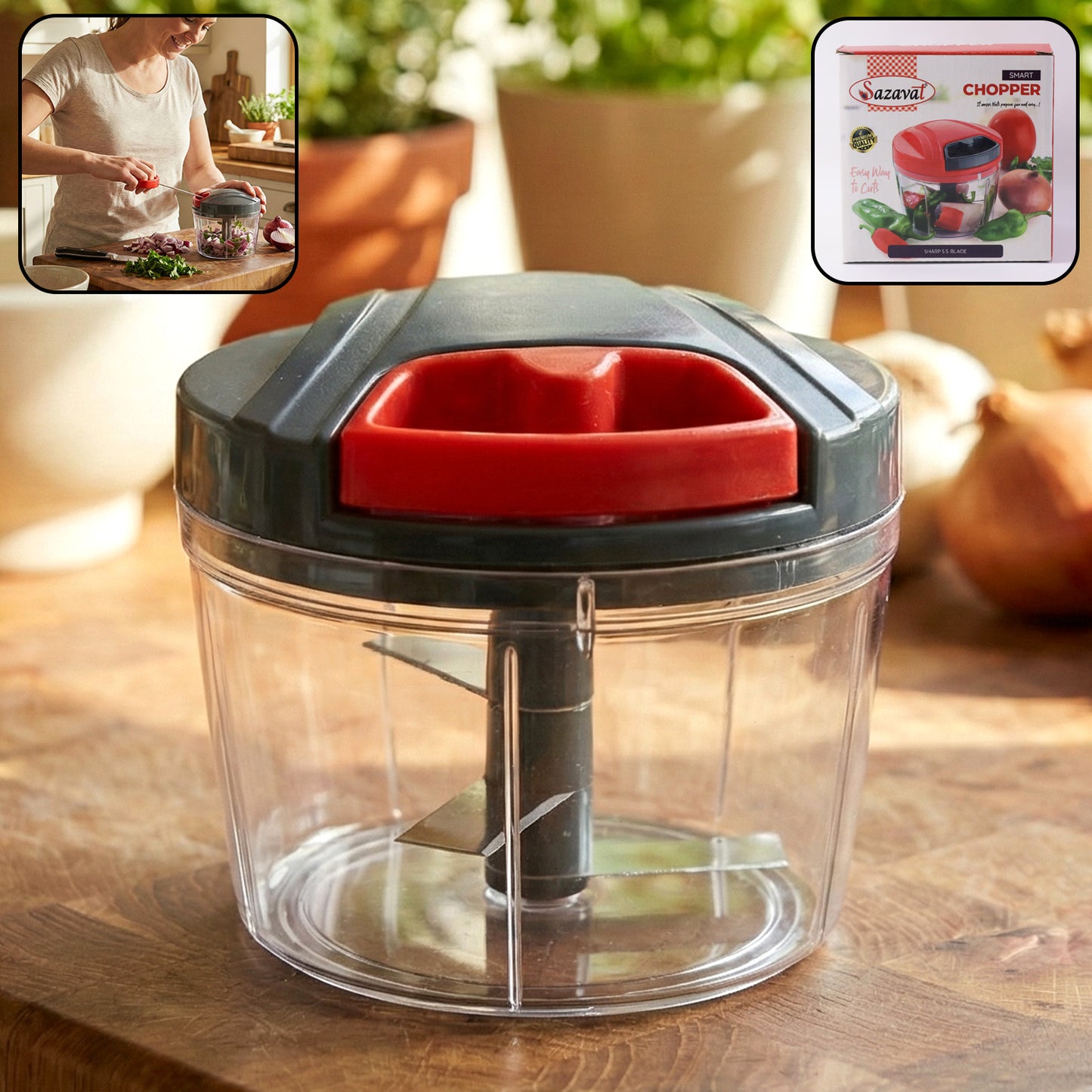 Wukusy compact manual vegetable chopper with stainless steel blades for efficient vegetable chopping in a small kitchen appliance.