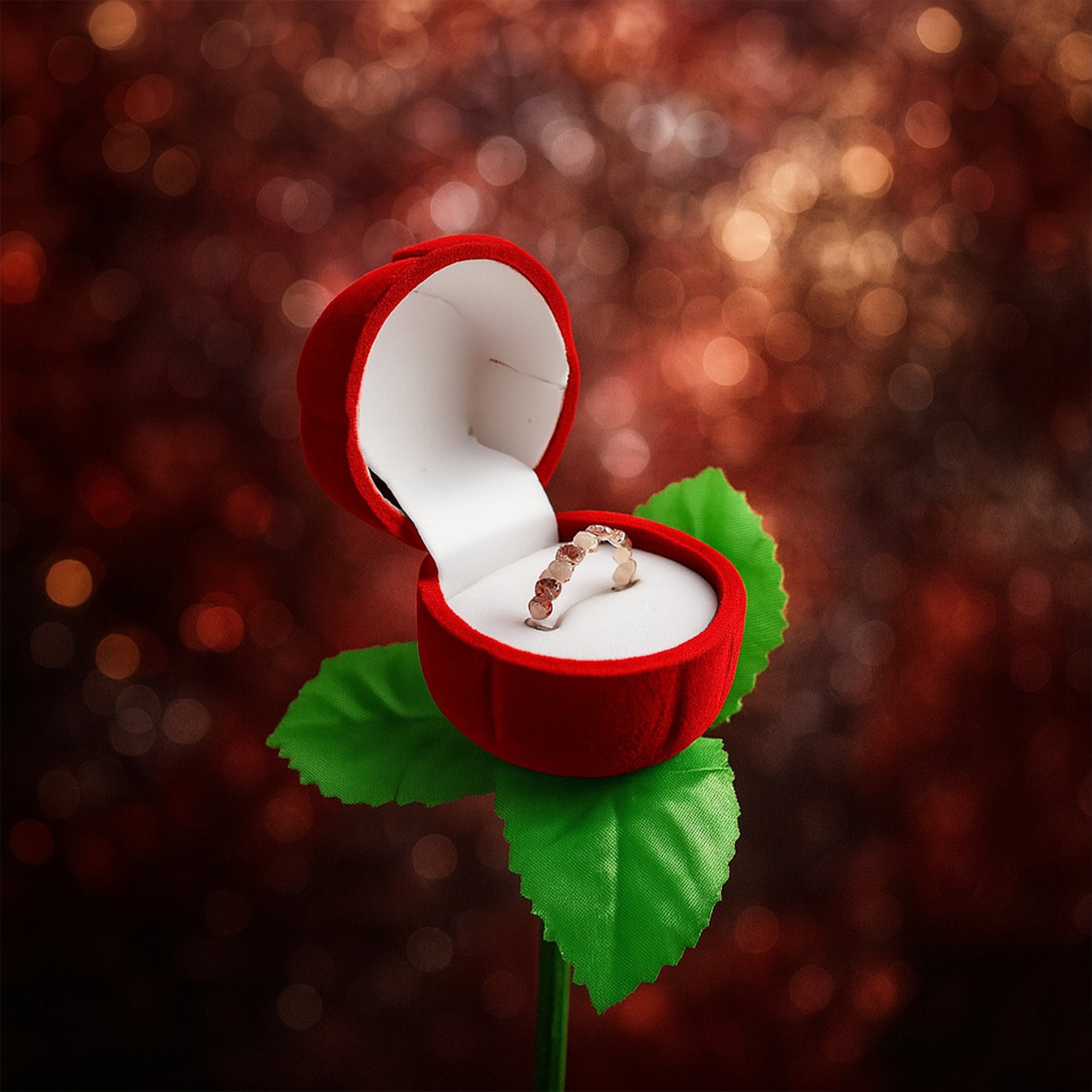 Wukusy artificial rose-shaped jewelry ring box with detailed rose petal design, perfect for storing rings or small accessories.