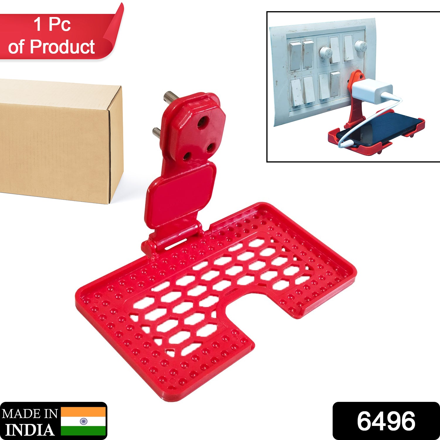 Red Wukusy multi-purpose wall holder stand for mobile charging, fits in socket, and hangs phones or accessories.