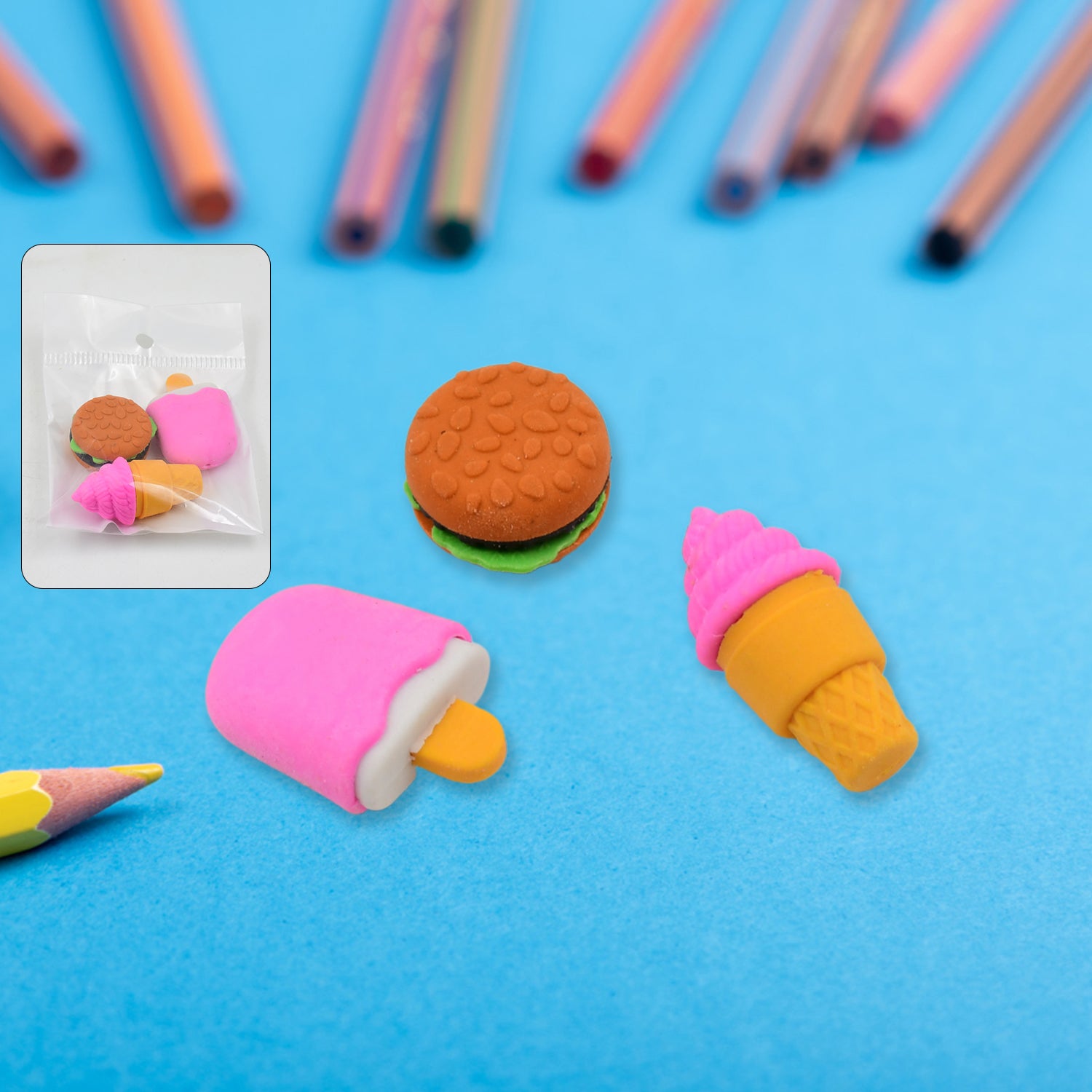 Set of three colorful Wukusy Mix Design Fancy Stylish Erasers for office use, featuring vibrant, decorative rubber erasers.