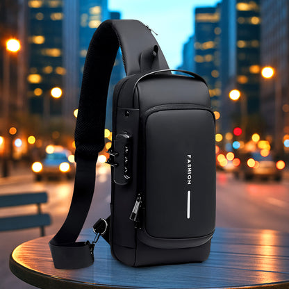 Wukusy trendy anti-theft crossbody sling bag with USB charging port, black travel bag with multiple compartments and adjustable strap