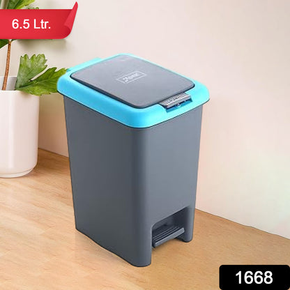 Wukusy Apex plastic push pedal dust bin, 6.5-liter capacity, compact design, mix of colors, hands-free operation for easy trash disposal