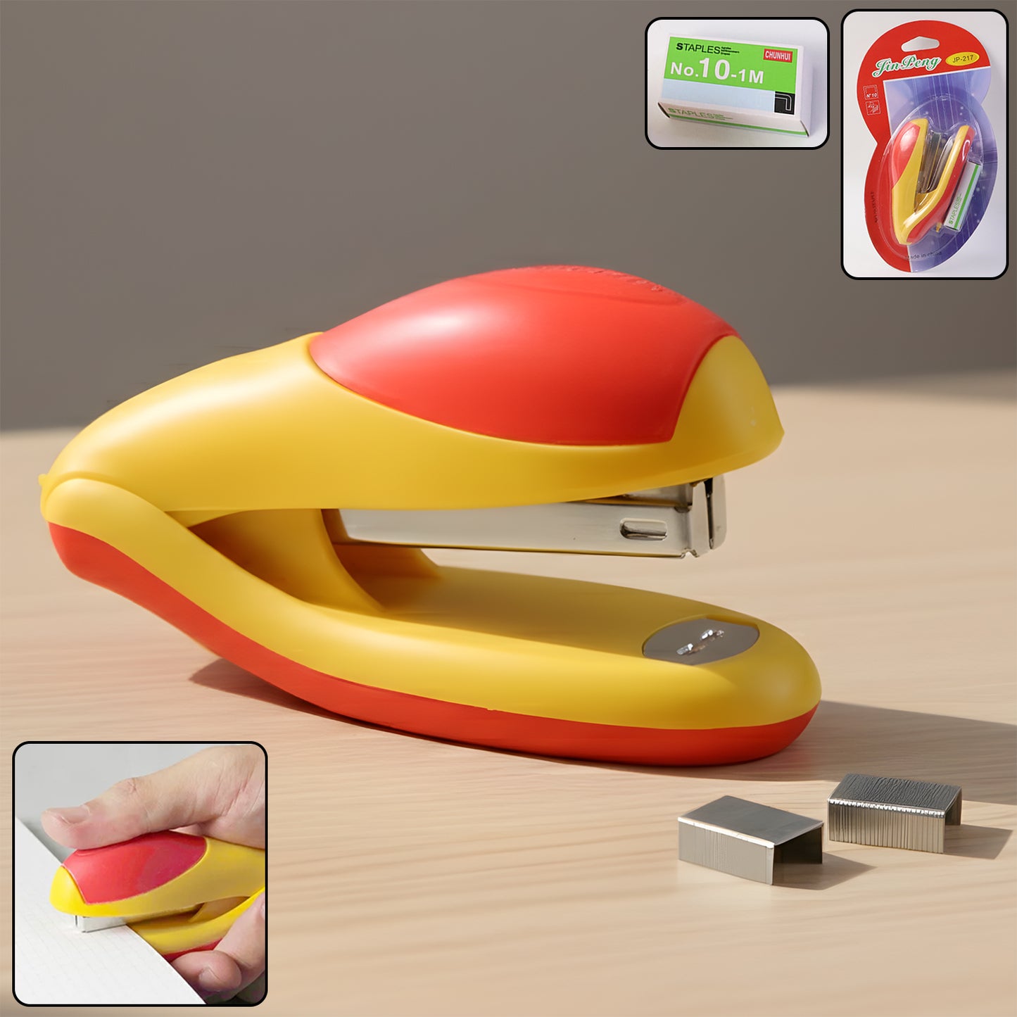 Wukusy heavy-duty desktop stapler with staple pin set, shown on a desk ready for binding large stacks of paper.