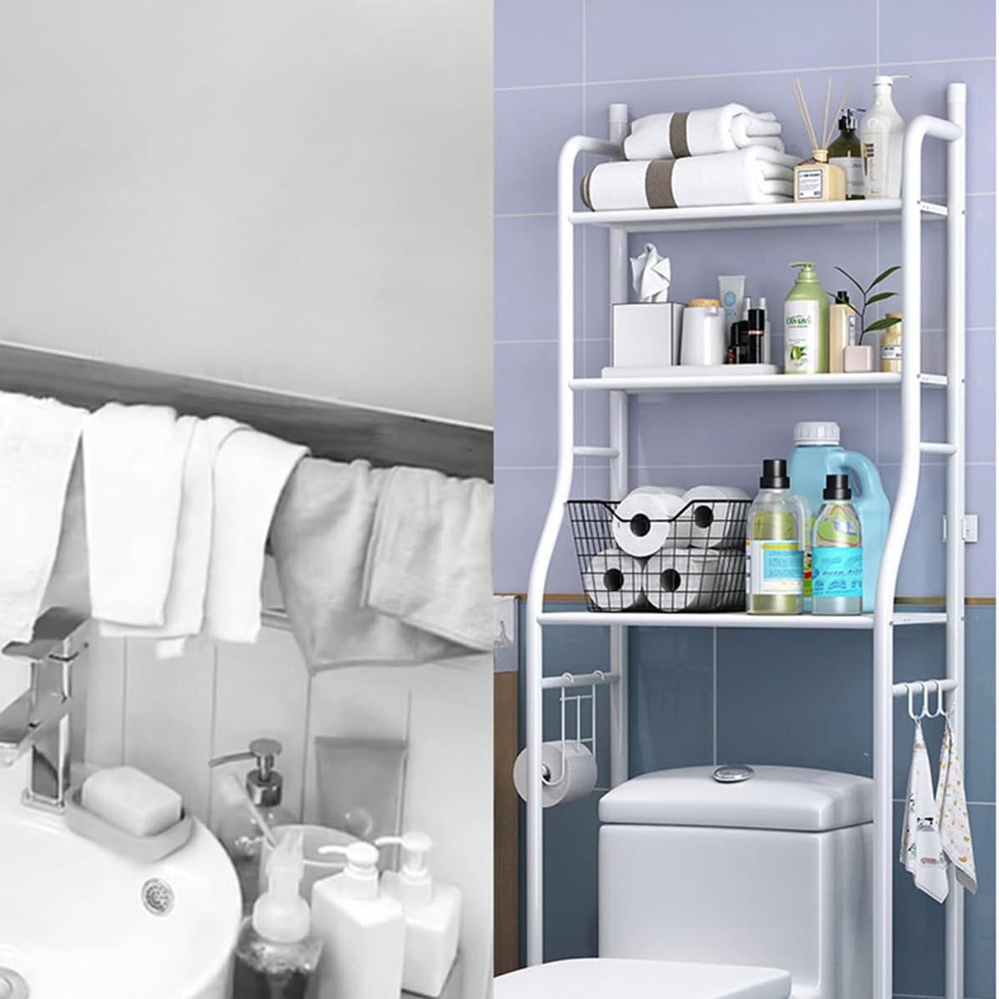 Wukusy 8803 multi-layer metal bathroom storage rack with shelves, ideal for laundry room organization and space-saving bathroom storage