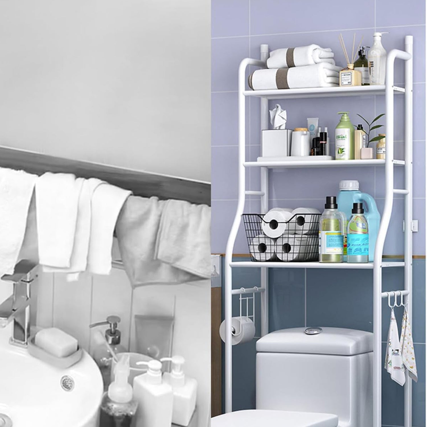 Wukusy 8803 multi-layer metal bathroom storage rack with shelves, ideal for laundry room organization and space-saving bathroom storage