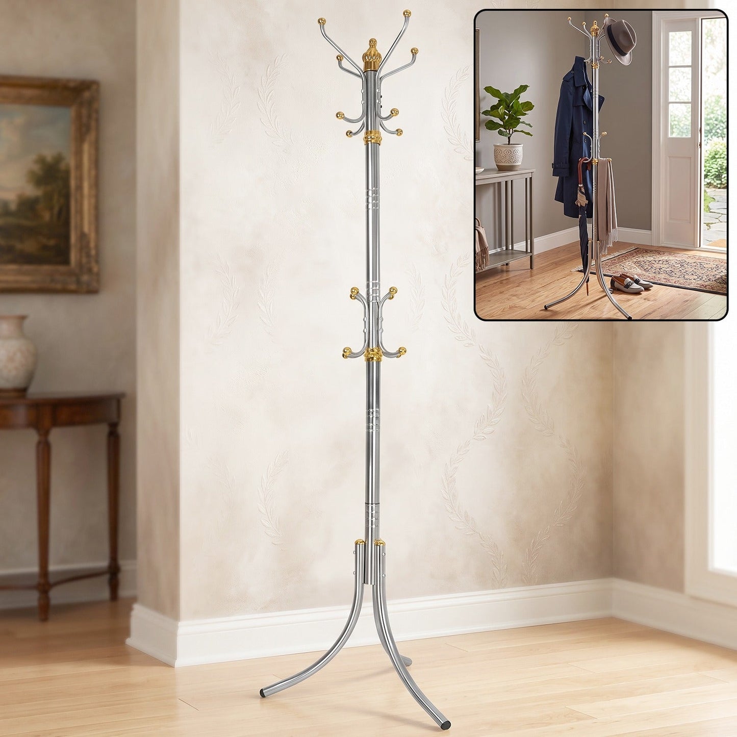 Wukusy metal floor-standing coat rack with multiple hooks for hanging clothes, jackets, and accessories.
