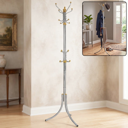 Wukusy metal floor-standing coat rack with multiple hooks for hanging clothes, jackets, and accessories.
