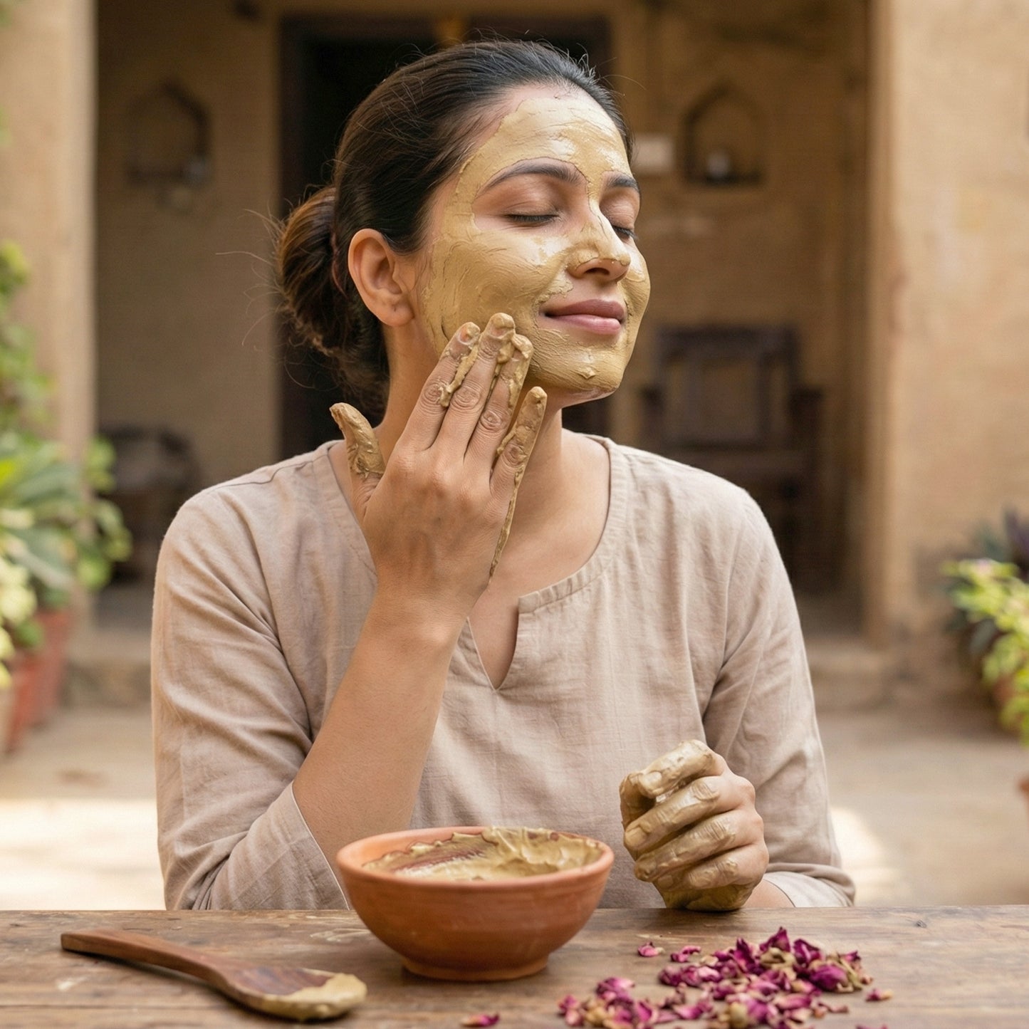 Wukusy Herbal Multani Mitti and Sandal Face Pack in an 80g jar, showing a natural clay and sandalwood face mask with fresh ingredients.