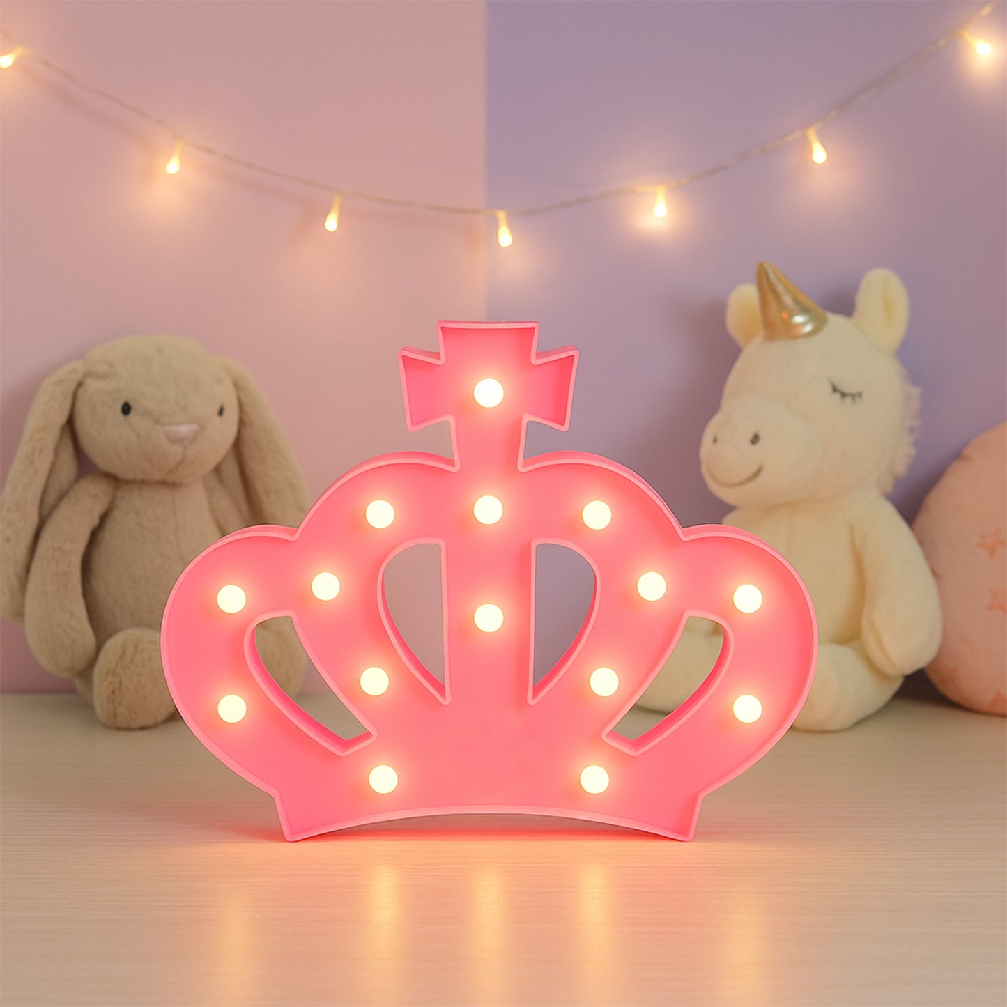 Wukusy crown-shaped LED decorative night light for home decor, illuminated with a soft glow, perfect for bedroom or living space.