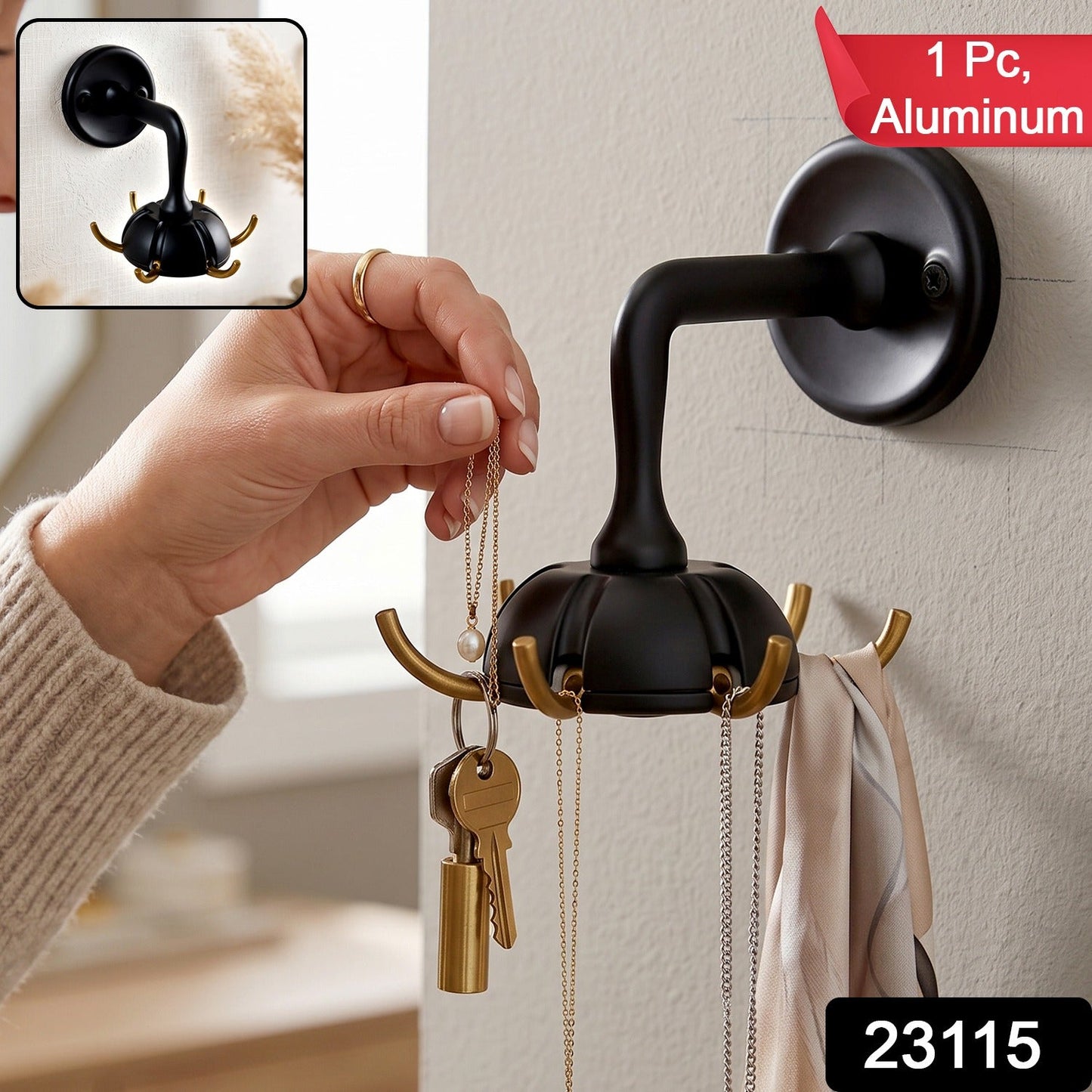 Heavy duty wall-mounted multi hook by Wukusy for keys, bags, clothes, and jewelry, shown mounted on a wall with various items hanging.