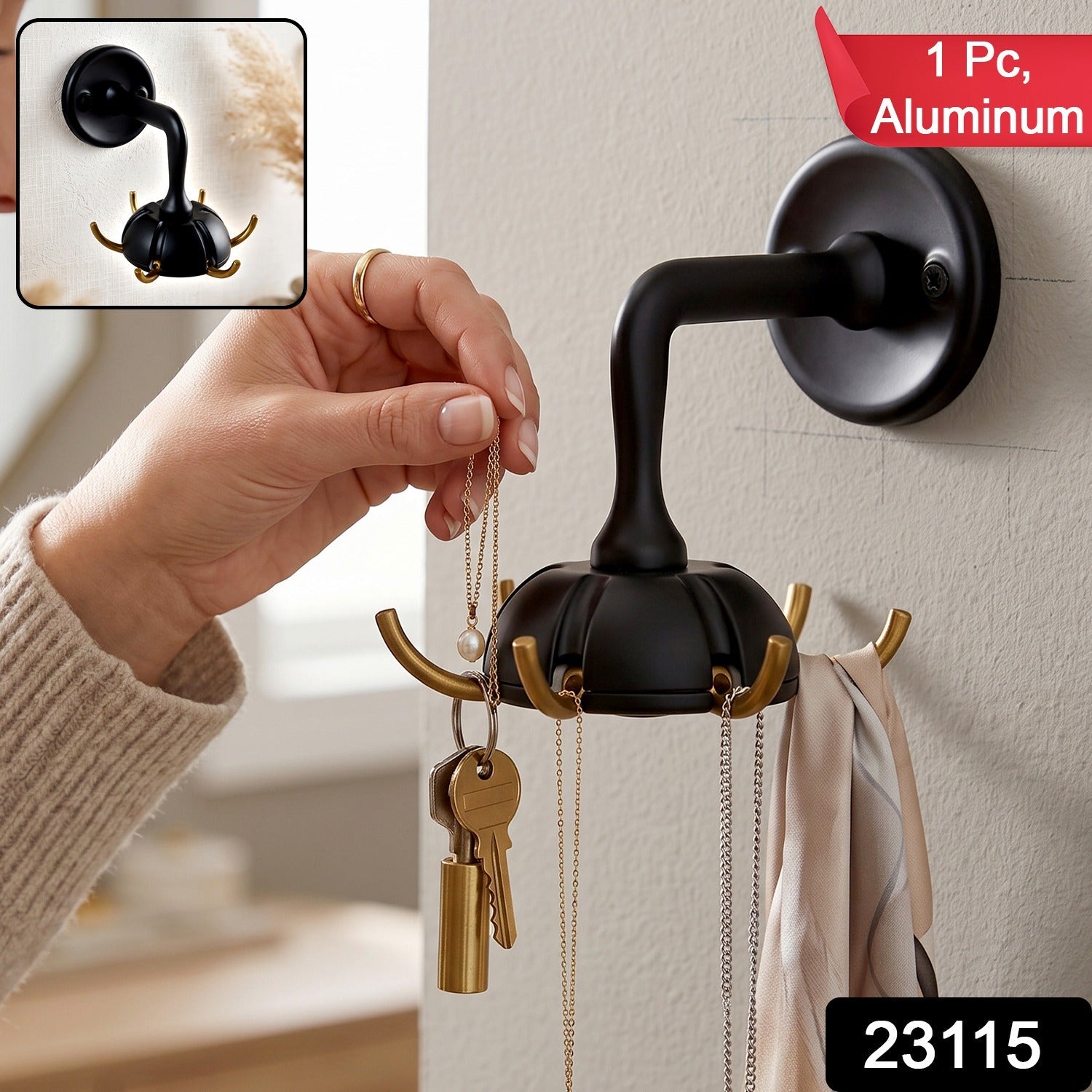 Heavy duty wall-mounted multi hook by Wukusy for keys, bags, clothes, and jewelry, shown mounted on a wall with various items hanging.