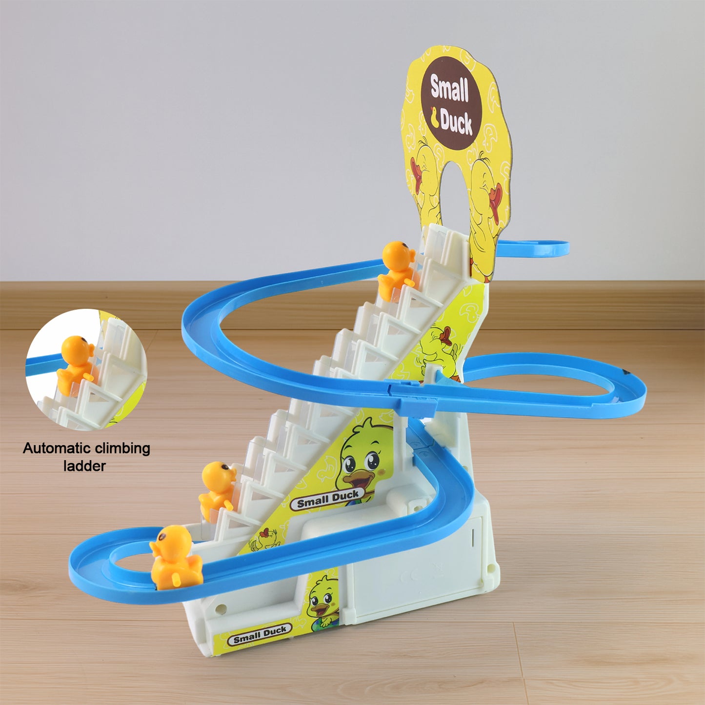 Wukusy Lala Small Duck Climb Stairs Toy Roller Coaster with flashing lights and music, featuring three colorful duck figures.