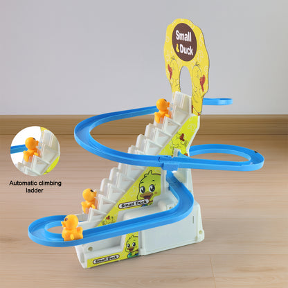 Wukusy Lala Small Duck Climb Stairs Toy Roller Coaster with flashing lights and music, featuring three colorful duck figures.