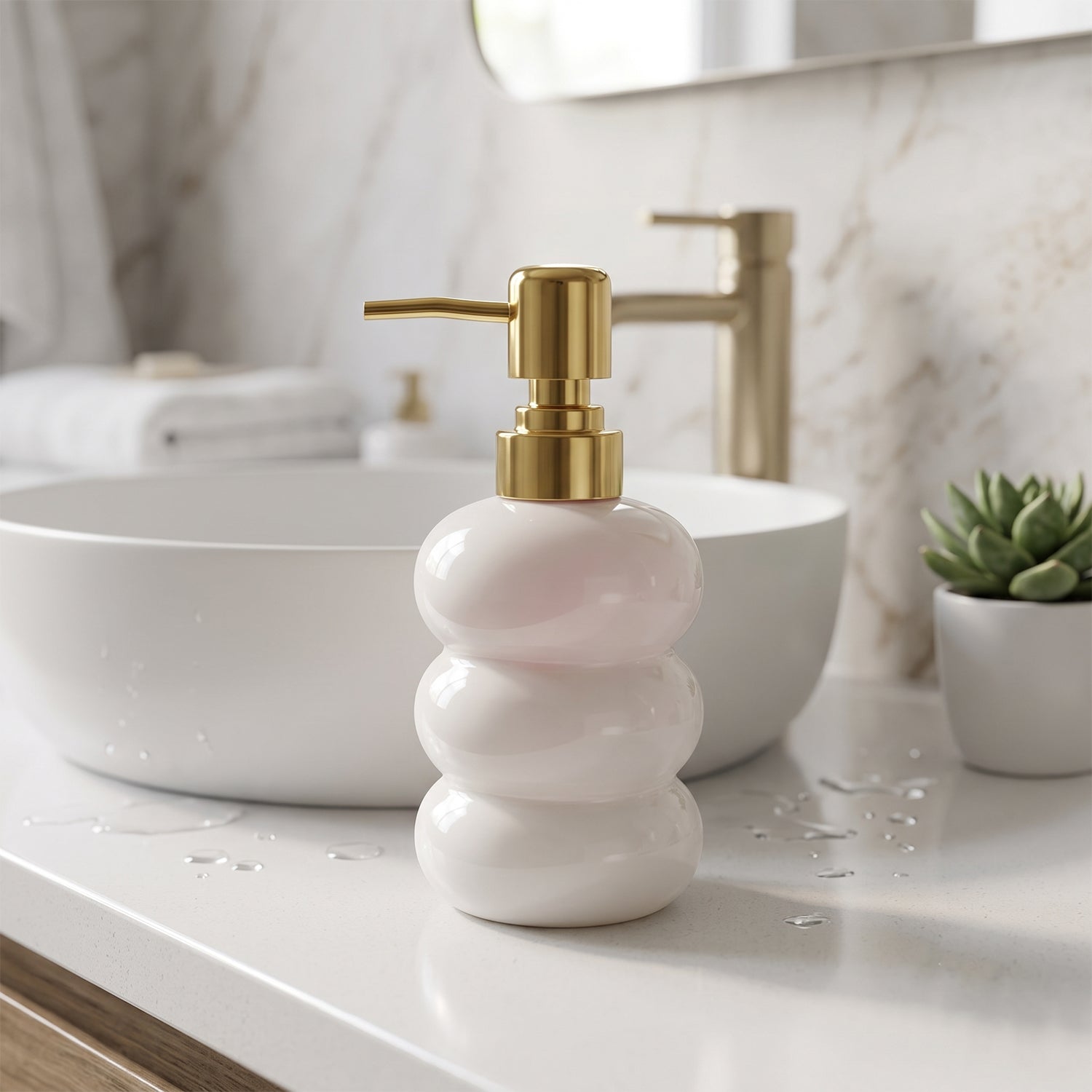 Wukusy glass liquid soap dispenser with gold pump and refillable design, shown with clear glass bottle and elegant gold pump.