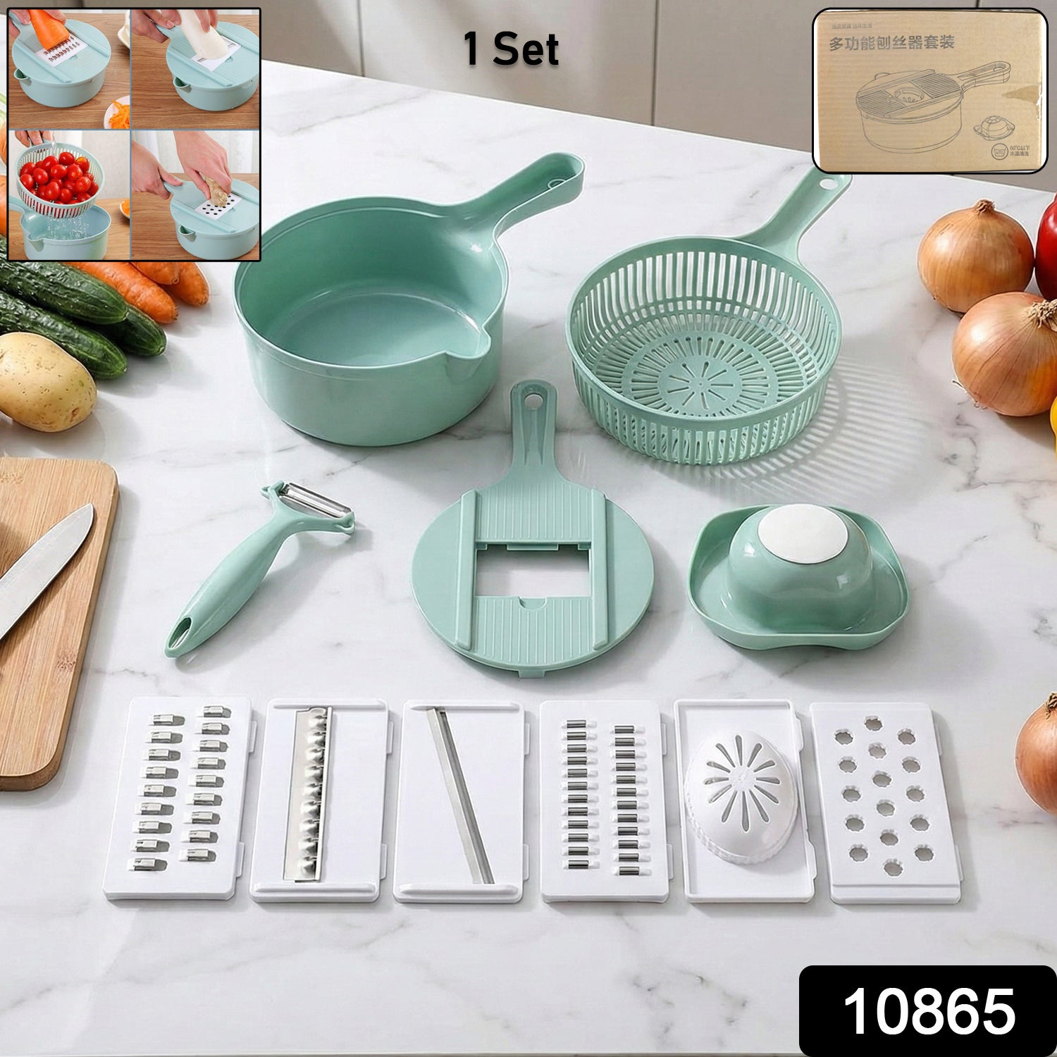 Wukusy multi-functional kitchen vegetable slicer set with various blades and handles on a countertop.