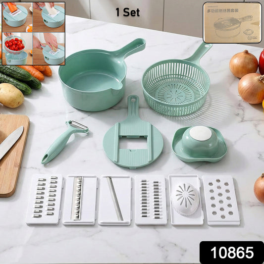 Wukusy multi-functional kitchen vegetable slicer set with various blades and handles on a countertop.