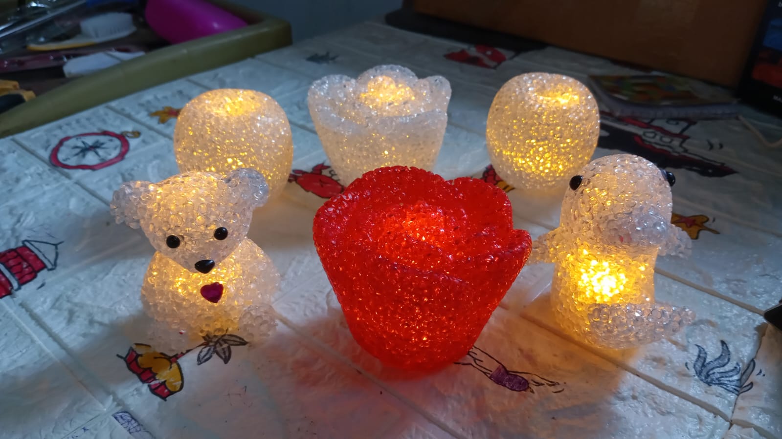 Set of six Wukusy multi-shape small LED crystal night light lamps with varied shapes for home decor and lighting.