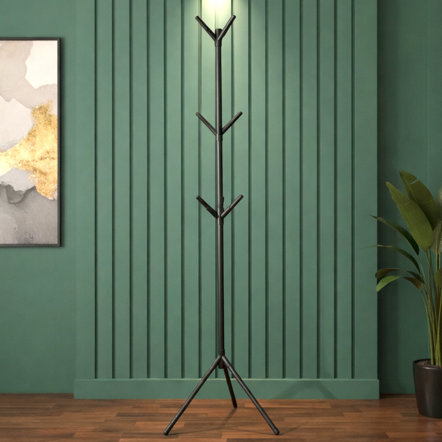 Wukusy floor-standing metal coat rack with multiple hooks for jackets, hats, and accessories in a modern home or office setting