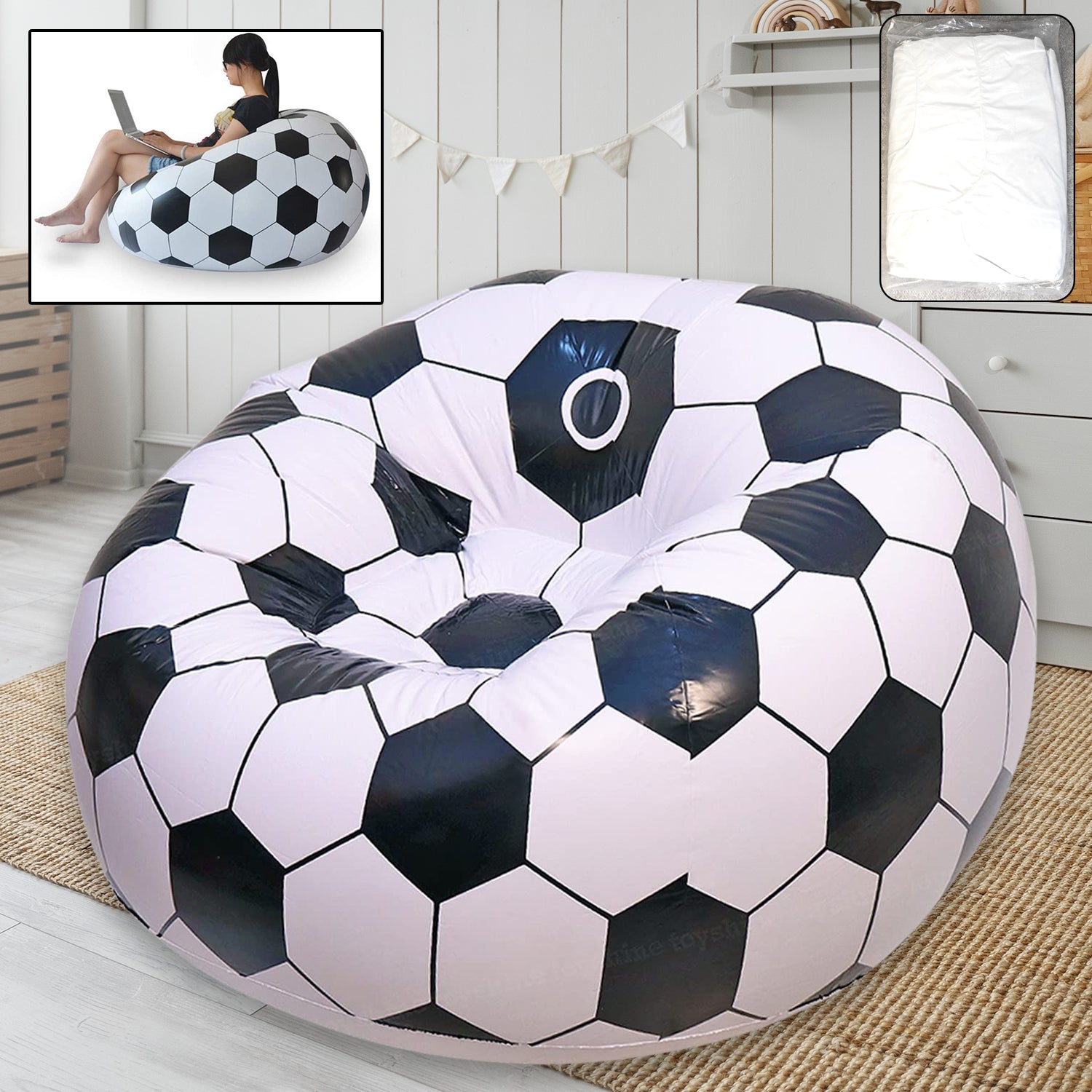 Wukusy foldable inflatable sofa in cartoon style, shows a colorful inflatable ball chair for adults and kids, 110cm x 80cm size