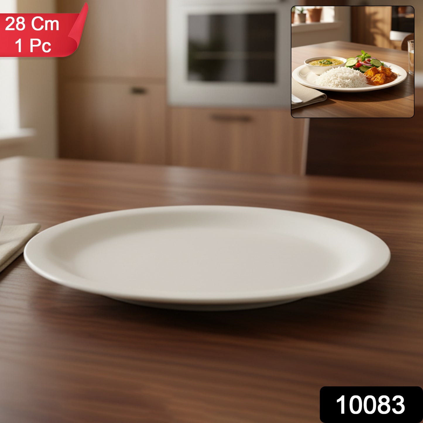 Round dinner plate by Wukusy, 28cm ceramic plate for home and kitchen use, white and glossy, displayed on a dining table.