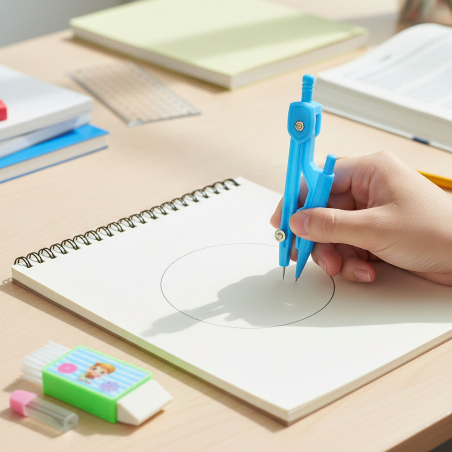 Wukusy premium kids plastic drawing compass and geometry set with pencils and rulers on a white background for school use.