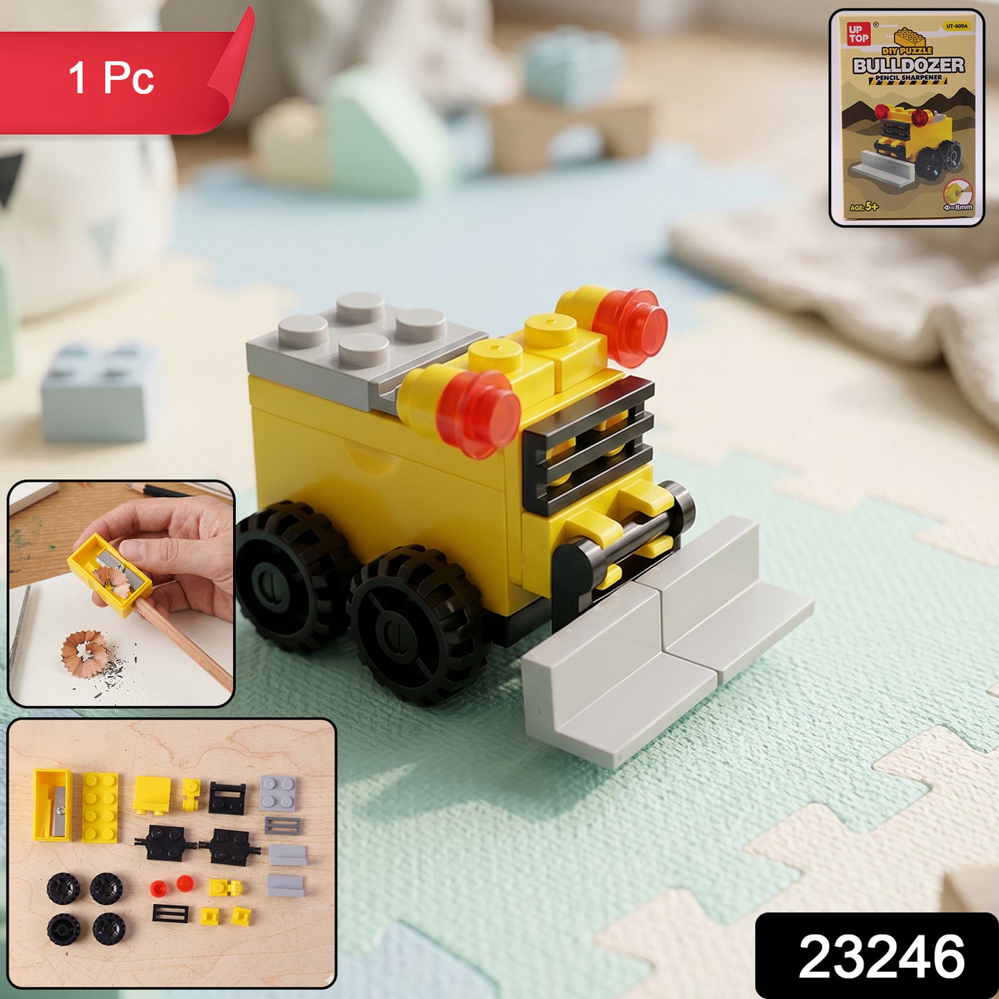 Wukusy cute bulldozer pencil sharpener toy on a desk, featuring fun, interactive design perfect for kids and creative writing.