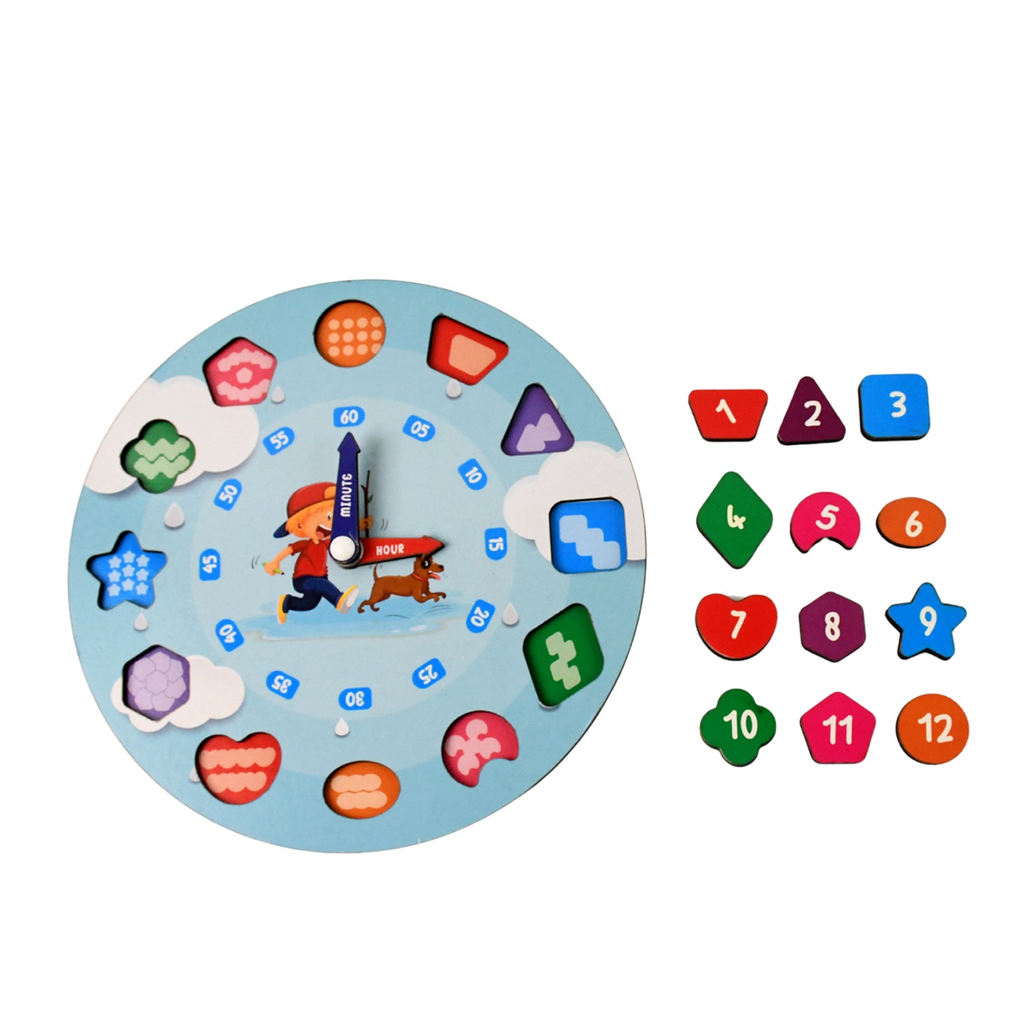 Wukusy Aditi wooden educational learning clock toy with movable hour and minute hands, designed for teaching children to tell time.