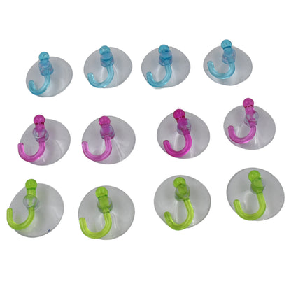 Set of 12 transparent rubber vacuum sucker hooks with strong suction cups for secure hanging and organization.