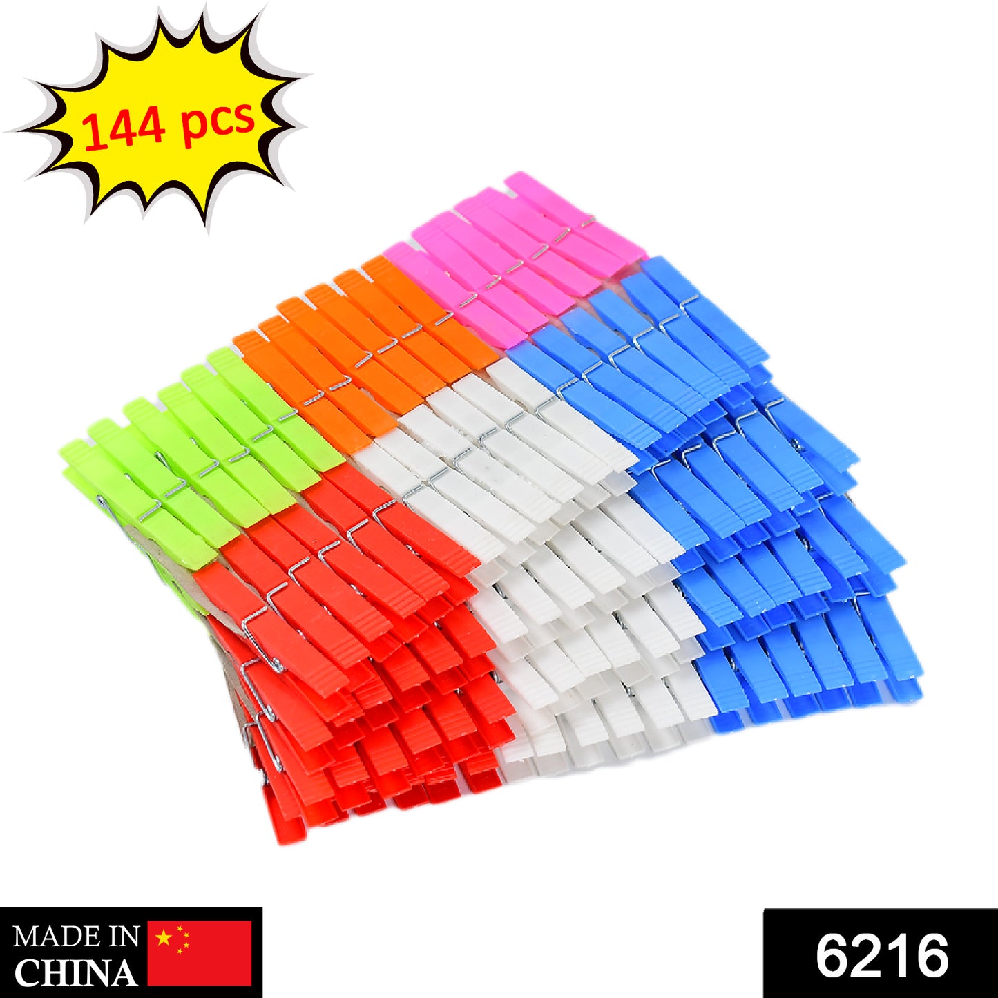 Set of 144 Wukusy multi-purpose plastic clothes clips for drying and home use, shown in various colors for cloth drying tasks.