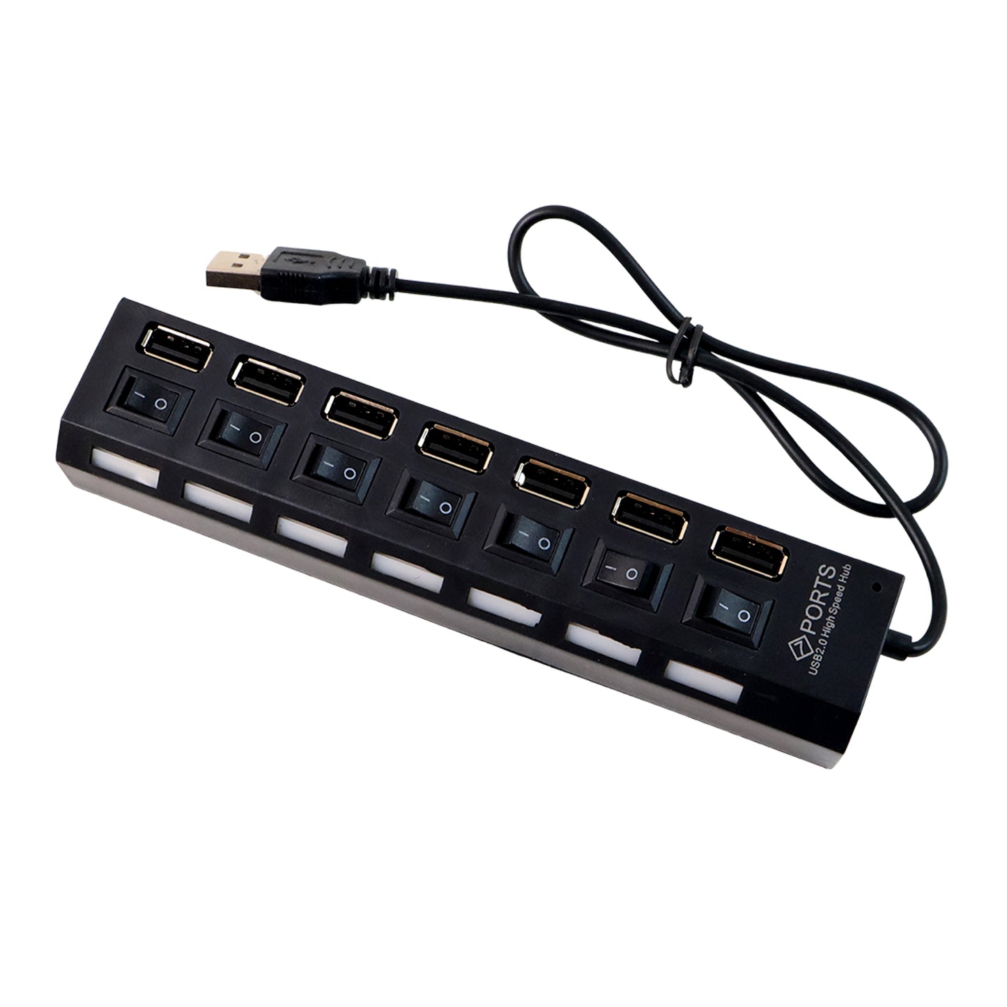 Wukusy 7-port USB 2.0 splitter hub with independent on/off switches, LED indicators, suitable for PC, laptop, and mobile devices.