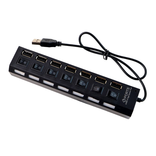 Wukusy 7-port USB 2.0 splitter hub with independent on/off switches, LED indicators, suitable for PC, laptop, and mobile devices.