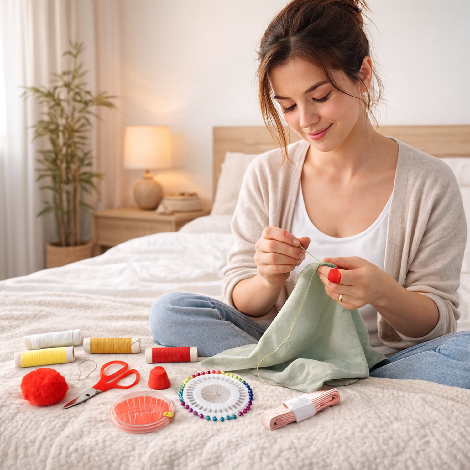 Wukusy complete sewing stitching kit with various needles, threads, and tools spread out on a white background.